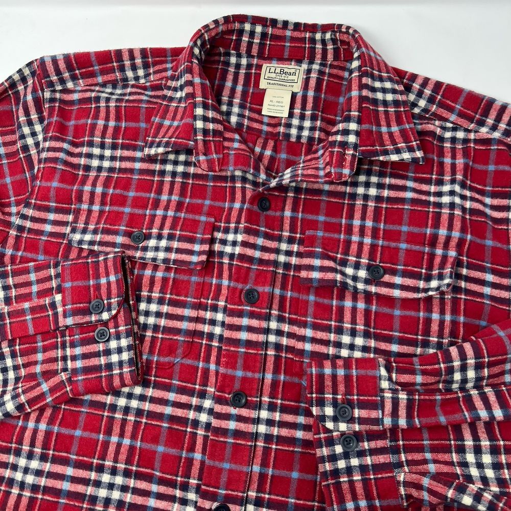 LL Bean Flannel Long Sleeve Button Shirt Mens XL Red Plaid Heavyweight Cotton‎